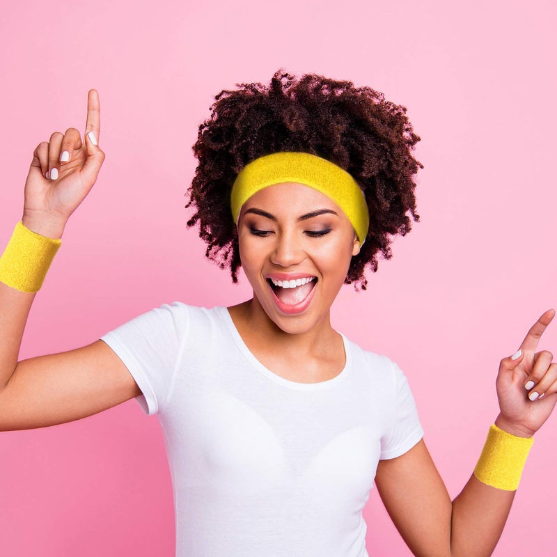 Bememo 6 Pcs Neon Sports Sweatbands Set Paris Sports Competitions Sweatbands 2 Headband 4 Wristbands Breathable Terry Cloth Athletic Bands for Basketball Tennis Costumes Cosplay(Neon Yellow) - Image 2